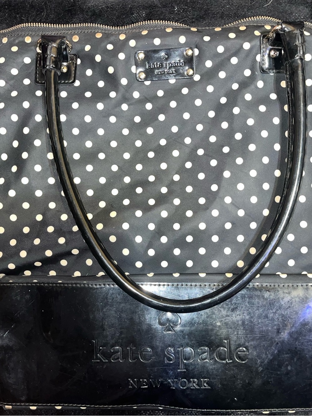 Kate Spade Nylon Polka Dot Shoulder Bag Tote Black White Patent Leather Accent